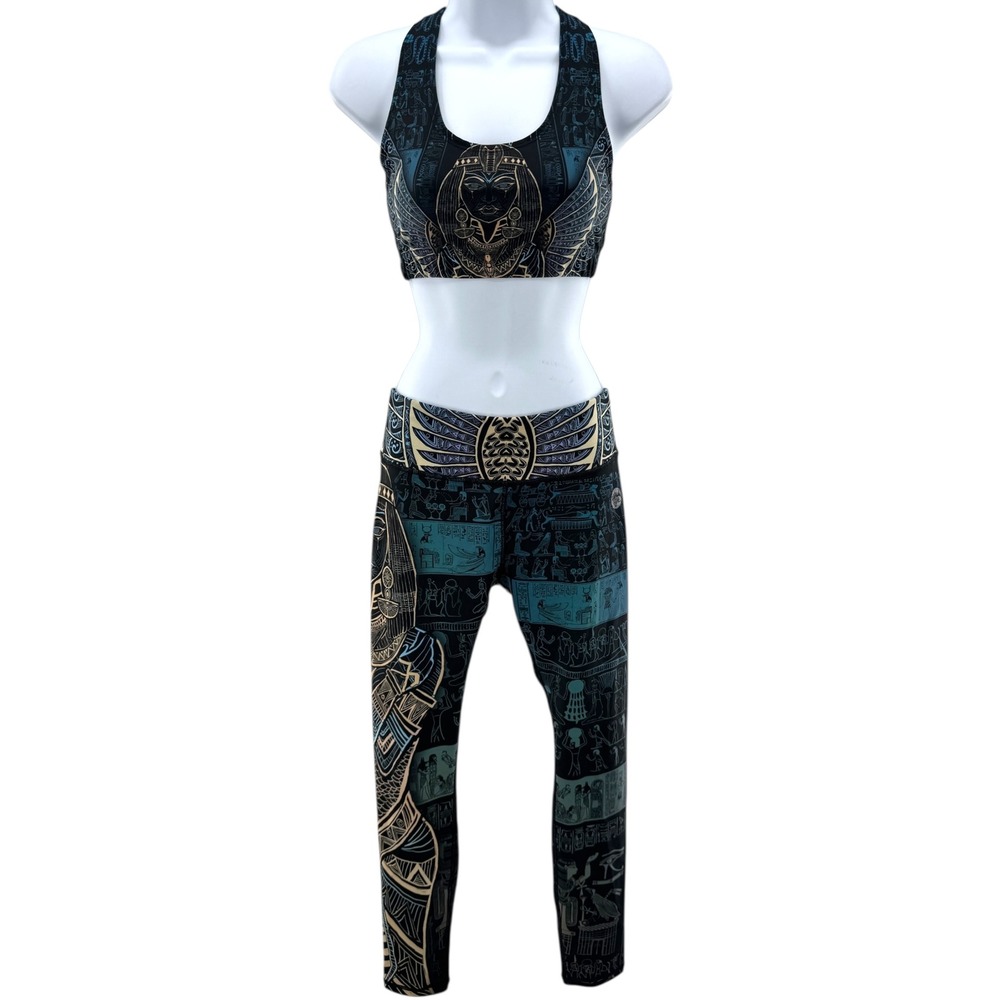 Egyptian Motif Black & Teal Leggings and Sports Bra Set